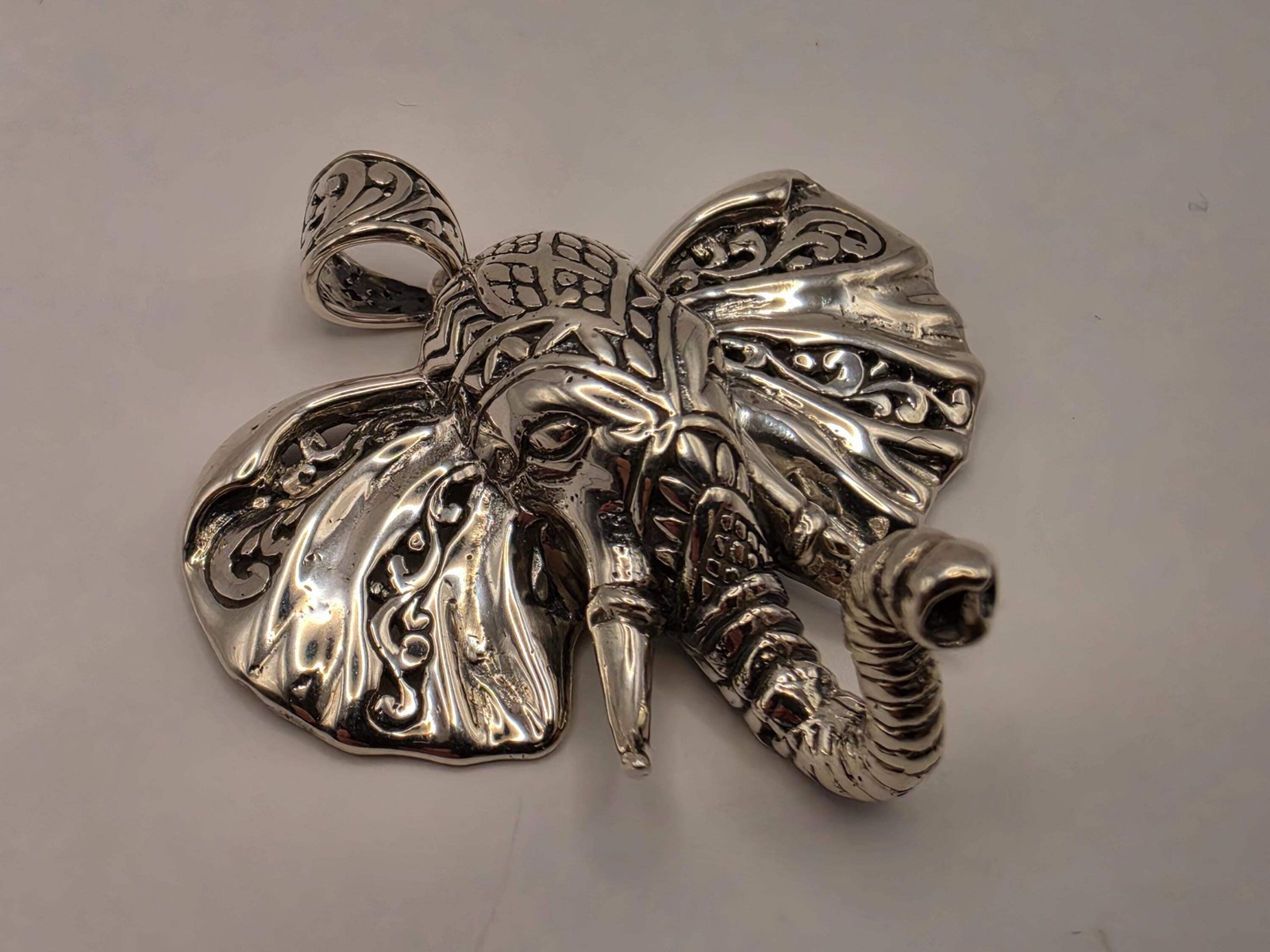 Sterling Silver Elephant Head Pendant Ornate Bali Scrollwork 1.5 Inch 9.9 Grams