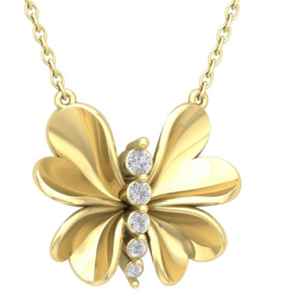 10K Yellow Gold Lab Grown Diamond Butterfly Pendant Silver Cable Chain 18″
