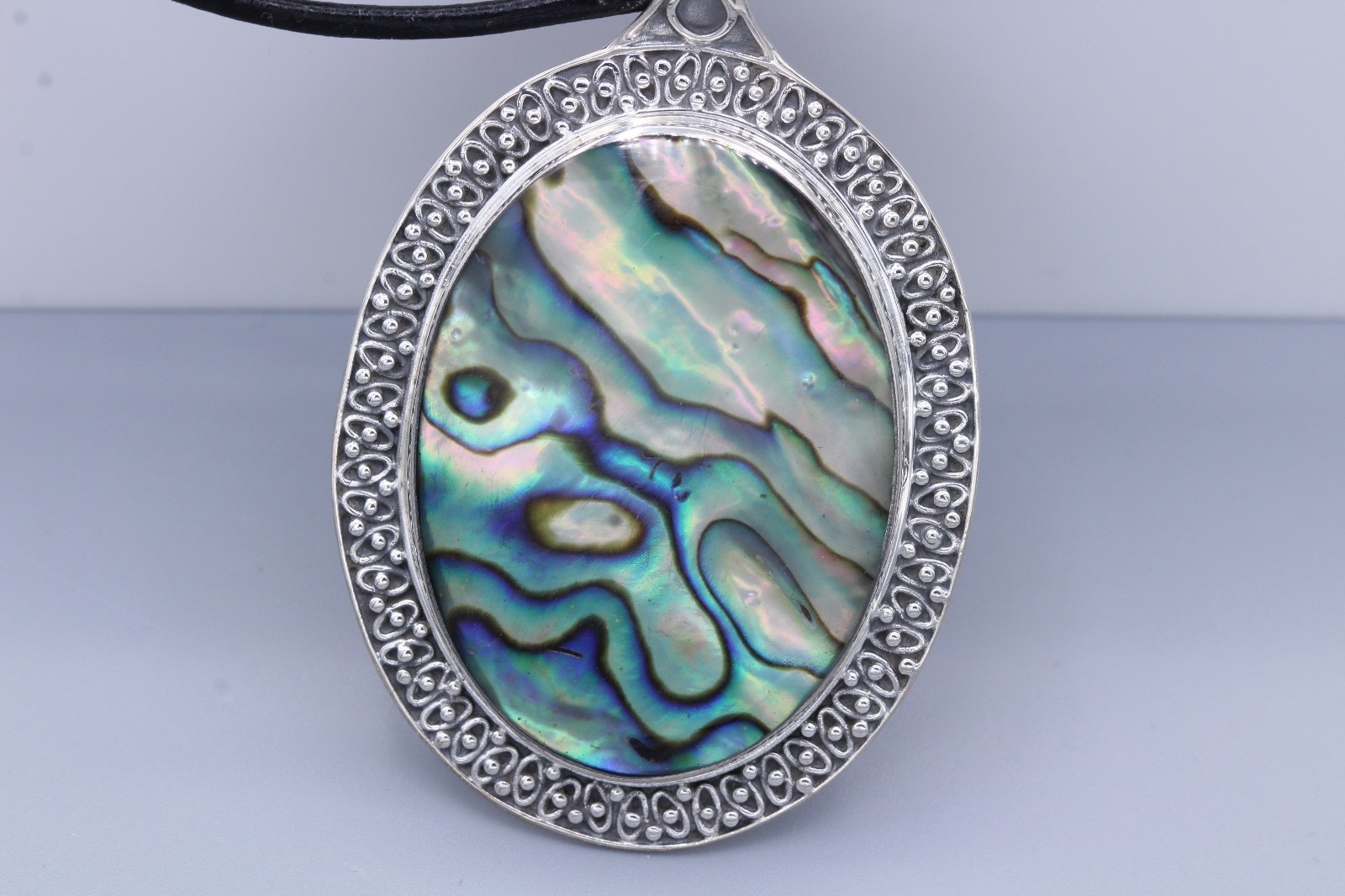 LARGE ABALONE ART NECKLACE SET IN SILVER ORNAMENT BEAUTY STATEMENT
