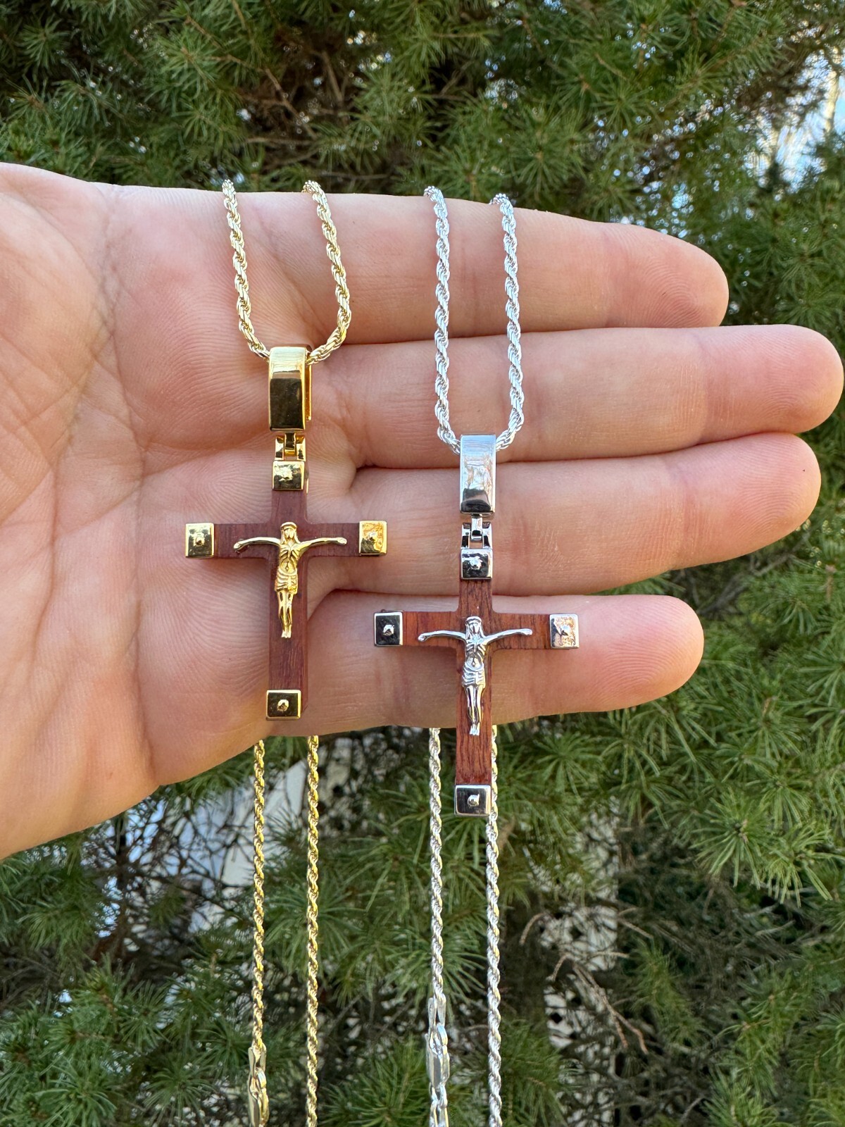 Small Plain Real 925 Silver & Natural Wood Jesus Cross Pendant Necklace 1.25″