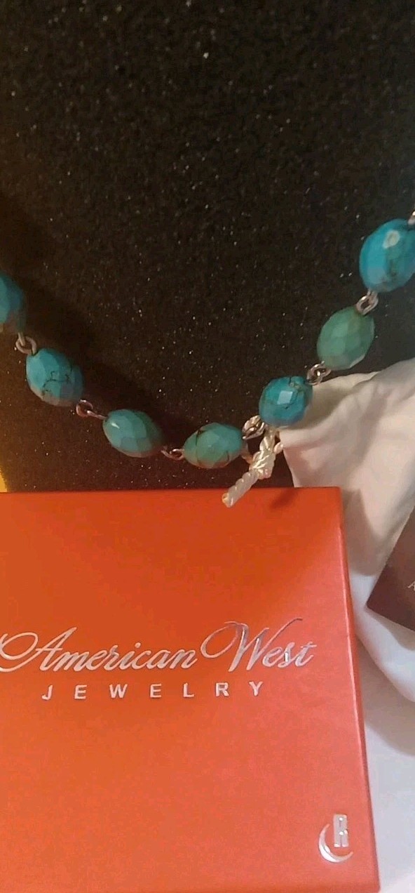 American West Turquoise Faceted Sterling Silver Beaded Necklace 32″ New In Box