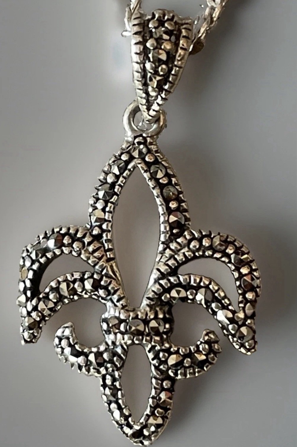 Sterling Silver Marcasite Fleur De Lis Pendant MARKED 925 w/ Silver Plated Chain