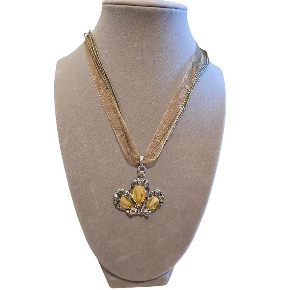 Crown Pendant Necklace Yellow Silver Ribbon Cord Rhinestone Crown