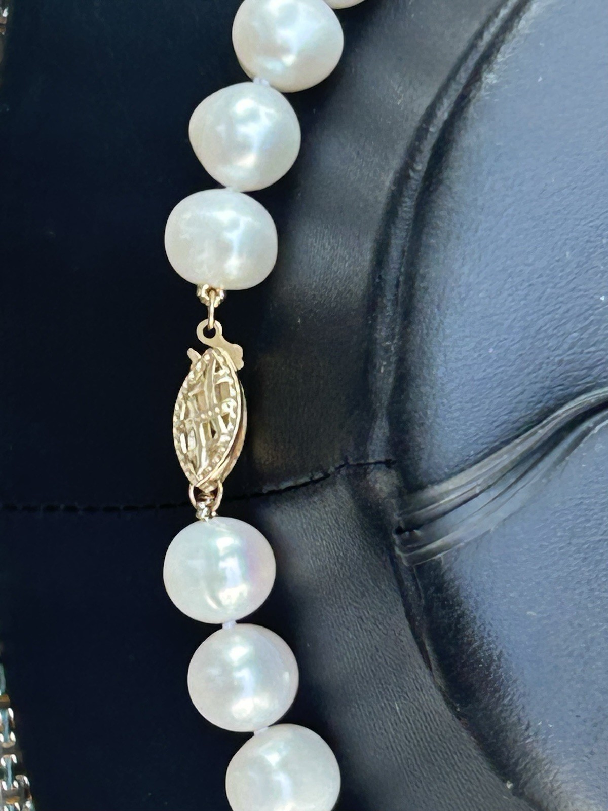 Vintage 34” Cultured Pearl Necklace 14K Gold Clasp Knotted 7.5-8mm Estate