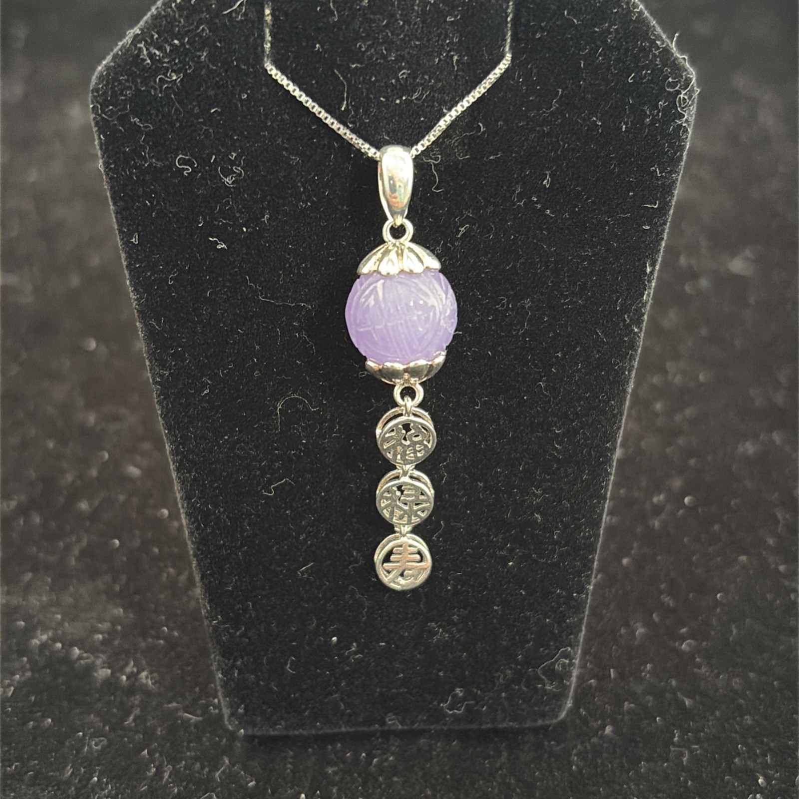 Vintage 925 Sterling Silver Lavender Jade Pendant Necklace Chinese Characters 7g