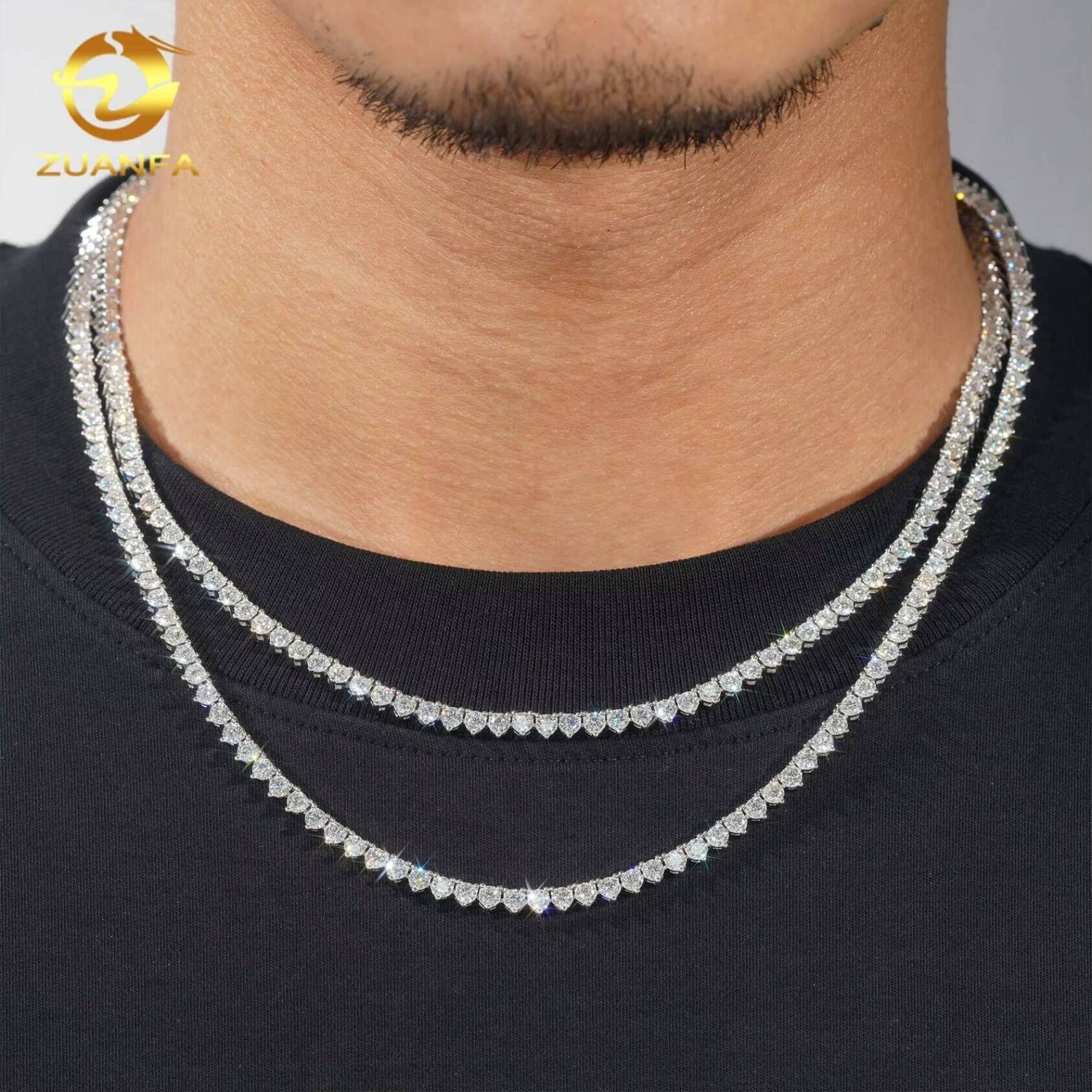 RTS Three Prong 3mm Necklace Silver 925 Vvs Moissanite Hip Hop Iced Out