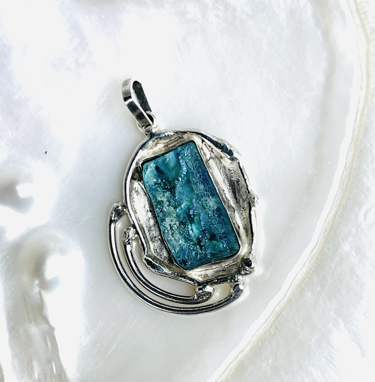 Roman Glass Sterling Silver Pendant Asymmetrical Look