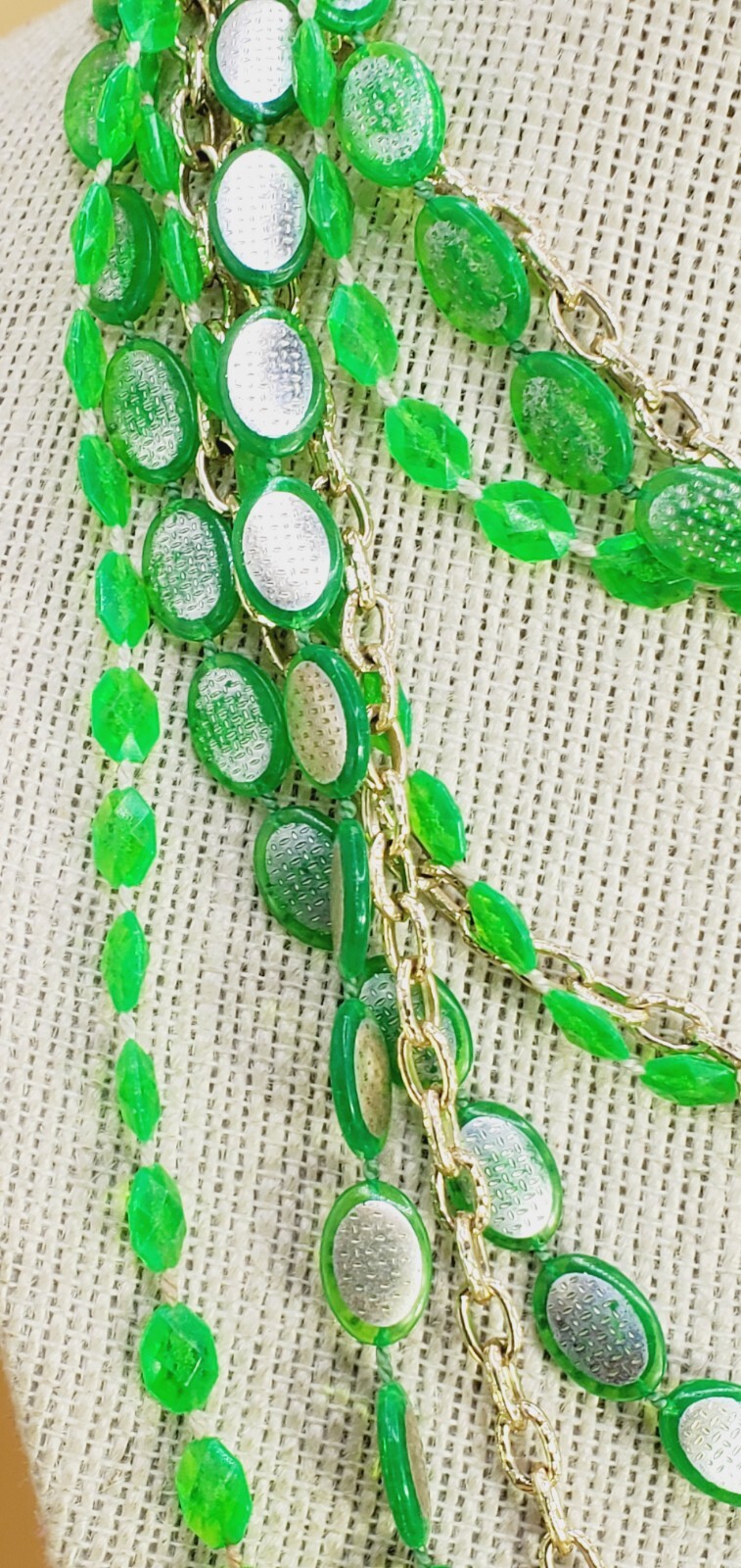 Vtg Neon Green Gold Tone 52″ Plastic Layered Beaded Necklace Hong Kong bl02