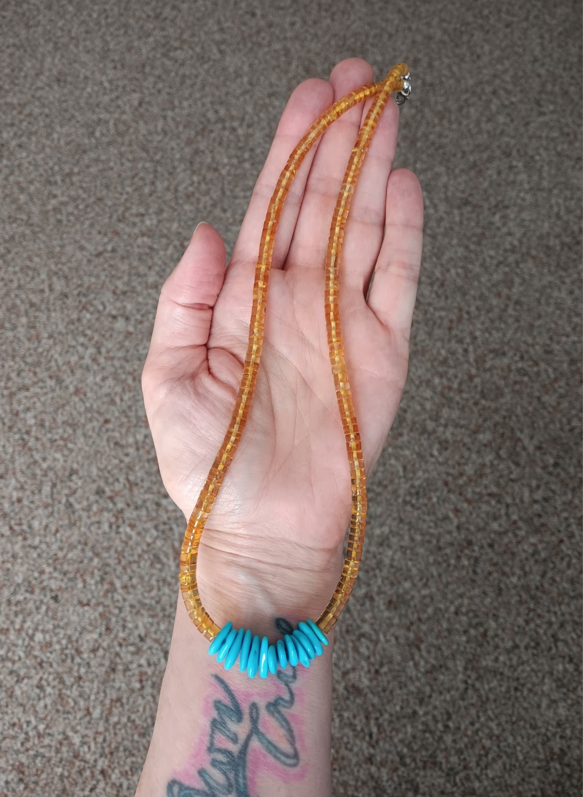 Beautiful Natural Amber Heishi And Sleeping Beauty Turquoise Necklace 21 In 925
