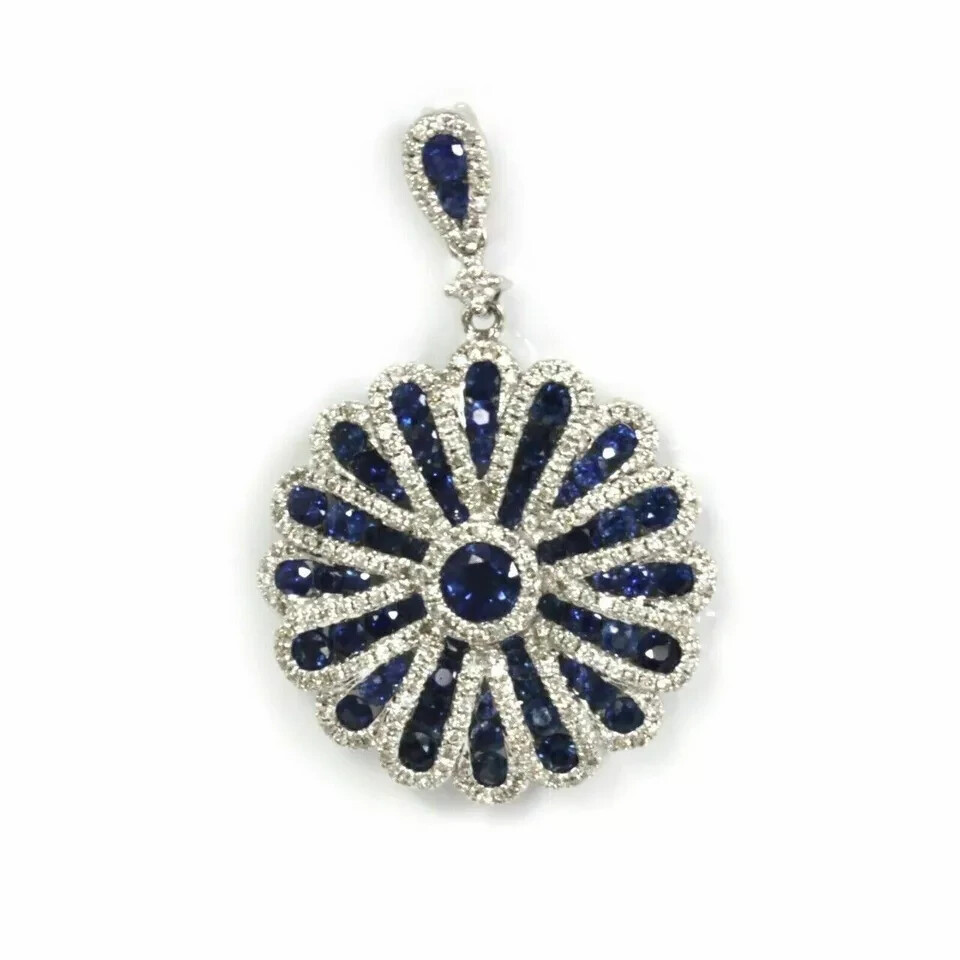 Sapphire 2Ct Lab Created Round Cut Flower Pendant 14K White Gold Finish Chain
