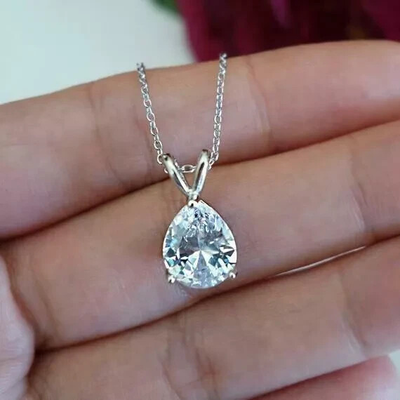 1.50Ct Pear Cut Lab Created Diamond Solitaire Pendant 14K White Gold Plated