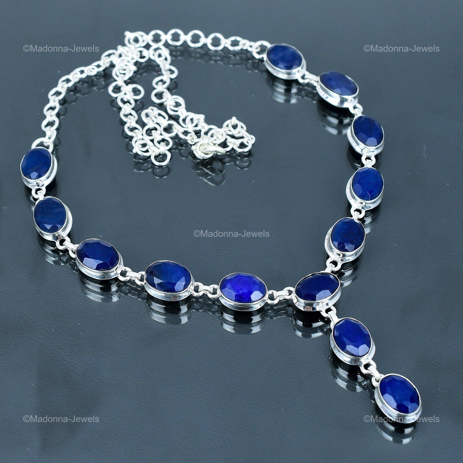 Womens day Deal Blue Saphire Gemstone Chain Necklace Jewelry 925 Sterling Silver