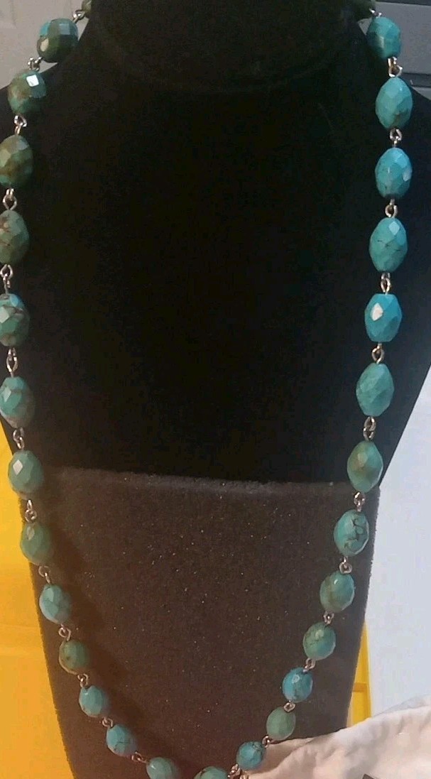 American West Turquoise Faceted Sterling Silver Beaded Necklace 32″ New In Box