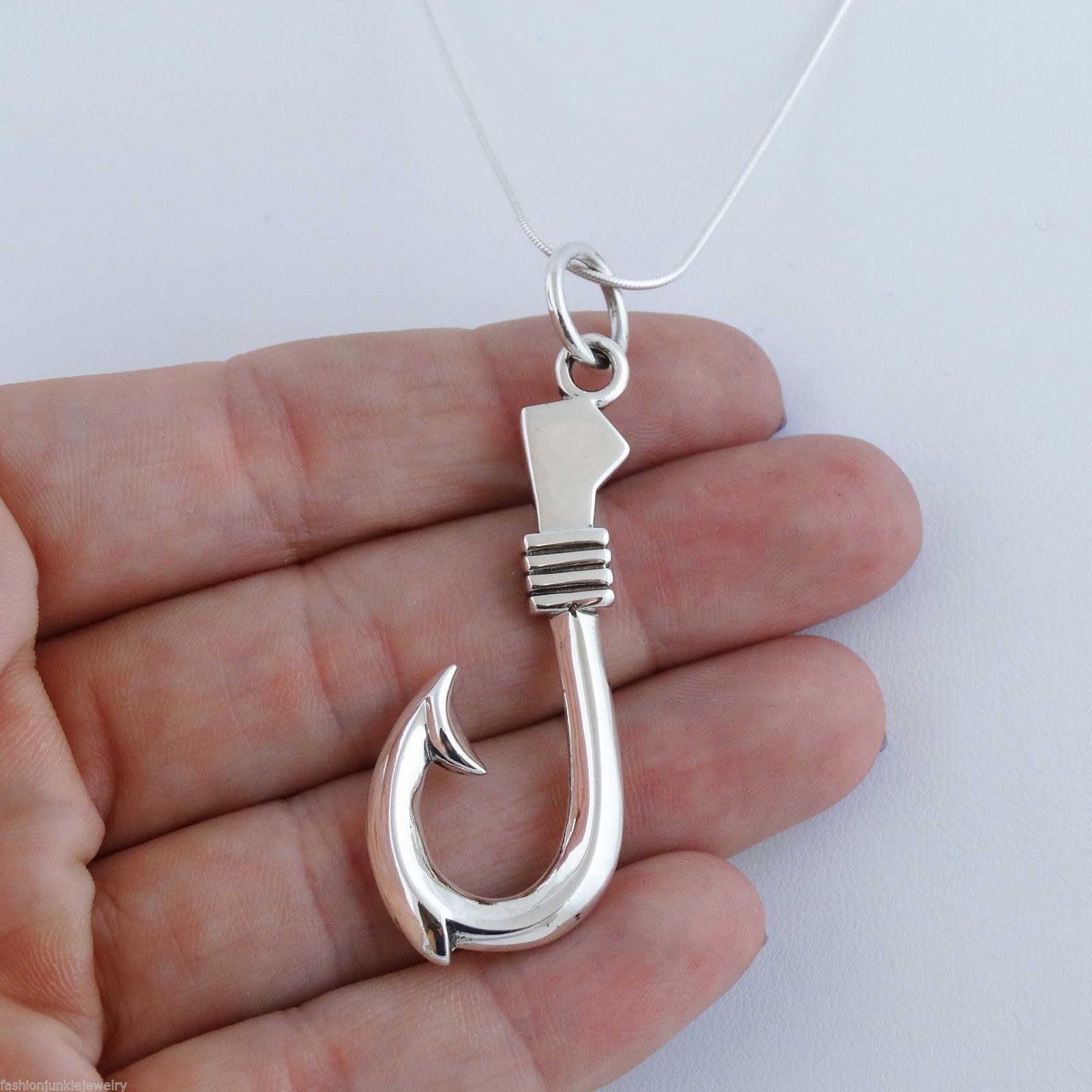 Large Fish Hook Necklace -925 Sterling Silver-Fishing Fishermen Pendant Catch SN