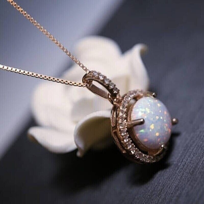 1.50Ct Round Cut Created Fire Opal Halo Pendant 14K Rose Gold Plated Free Chain