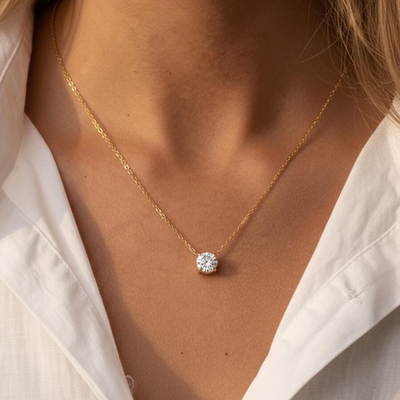 Round Brilliant Cut Moissanite Solitaire Necklace Daily Wear Simple Necklace Her
