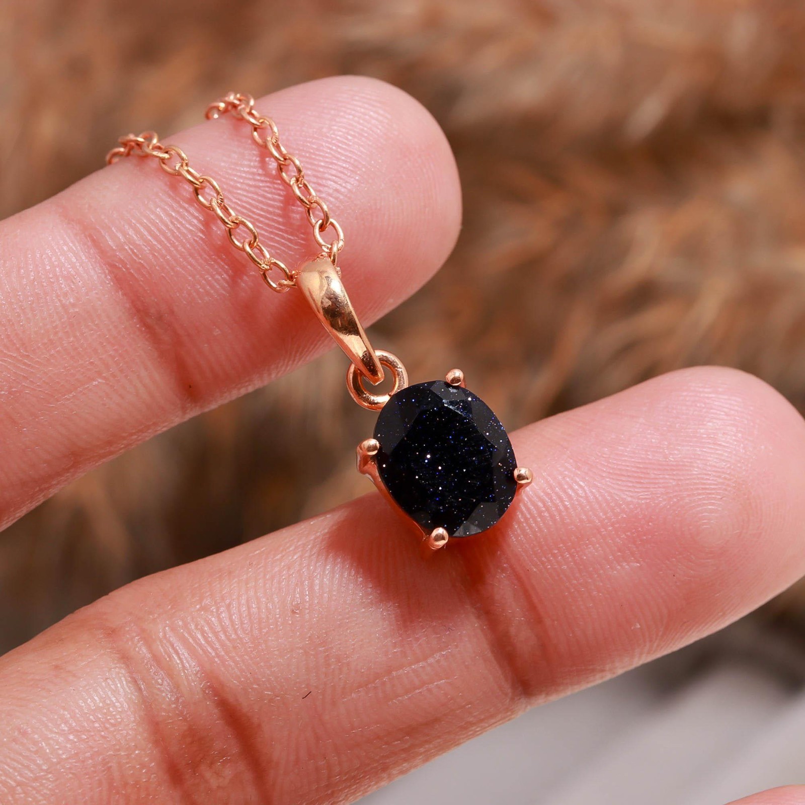 Natural Galaxy Sandstone Oval Necklace Rose Gold Fill 925Sterling Silver Jewelry