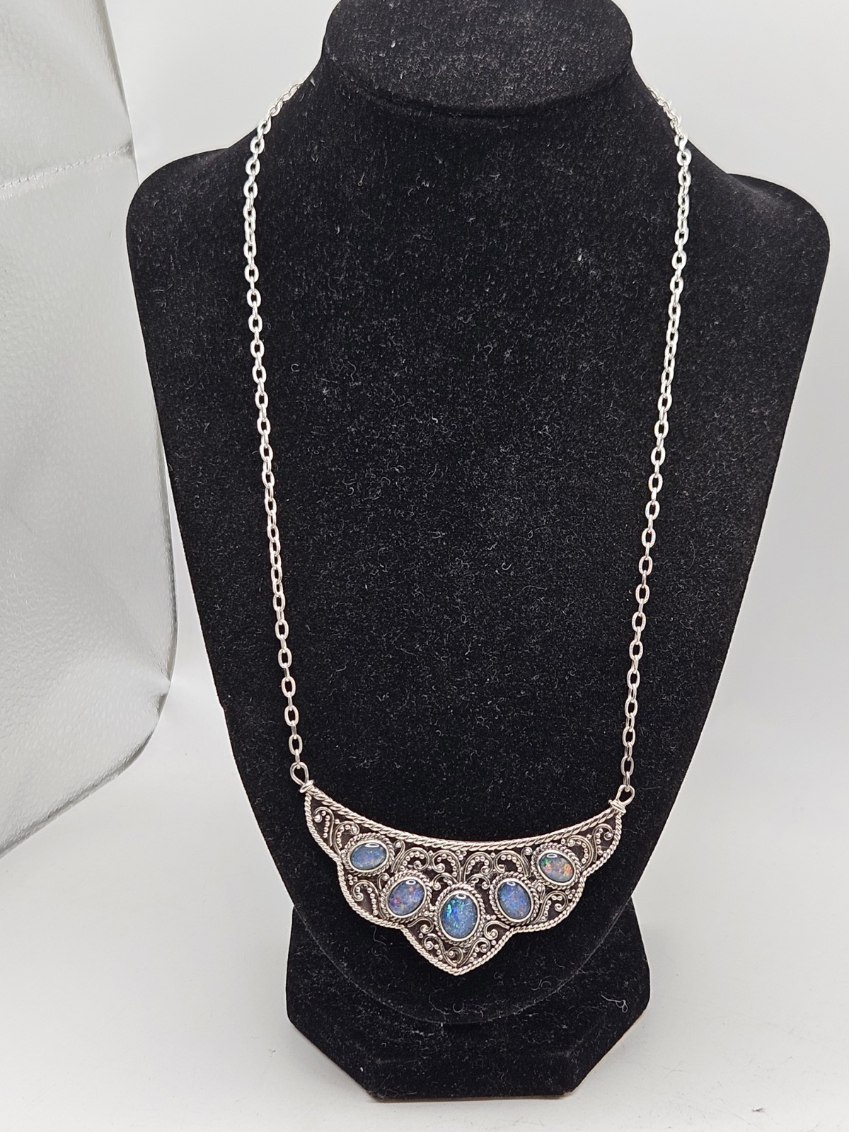 Sterling Silver Bib Style Necklace With 5 Oval Bezel Set Opals. 20″ Marked. 925.