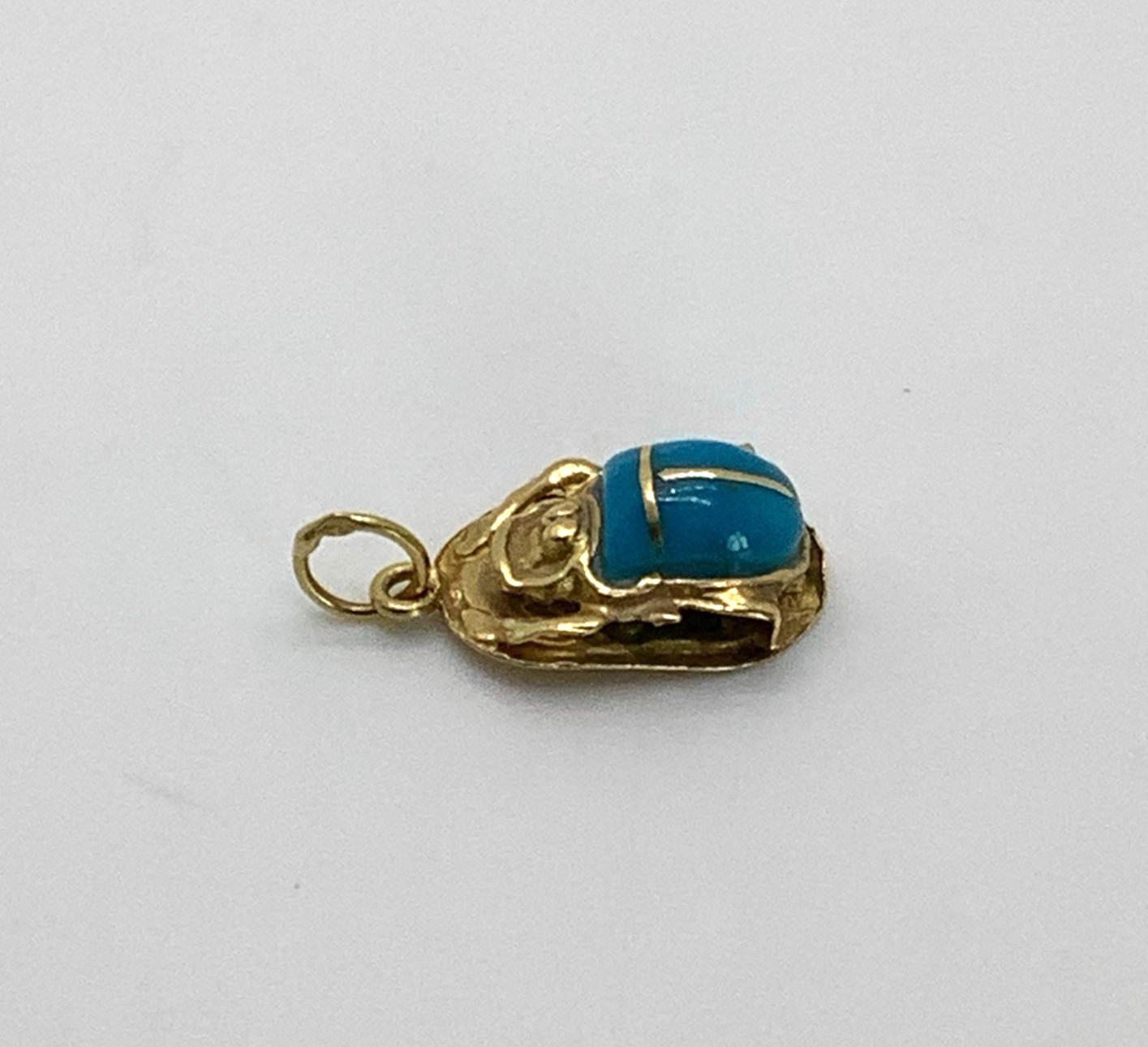 18K Yellow Gold Egyptian Revival Turquoise Scarab Beetle Pendant
