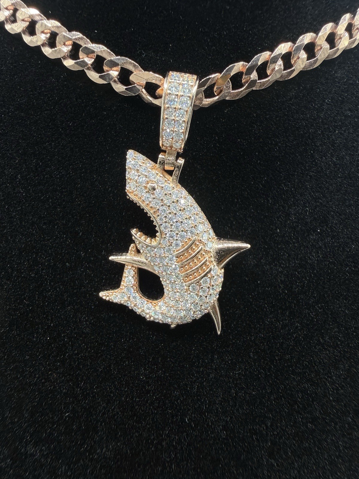 Rose Gold Sterling Silver 925 Cuban 22” 5mm W Vvsd Moissanite Rose Gold Shark