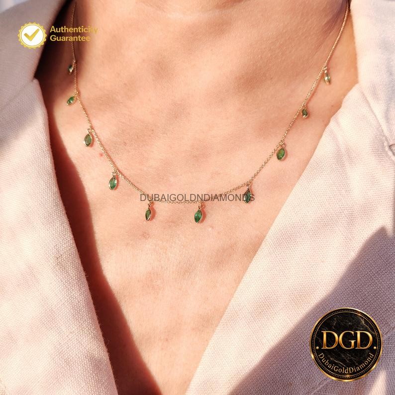 Marquise Emerald Sister Statement Chain May Birthstone Necklace 14K Yellow Gold