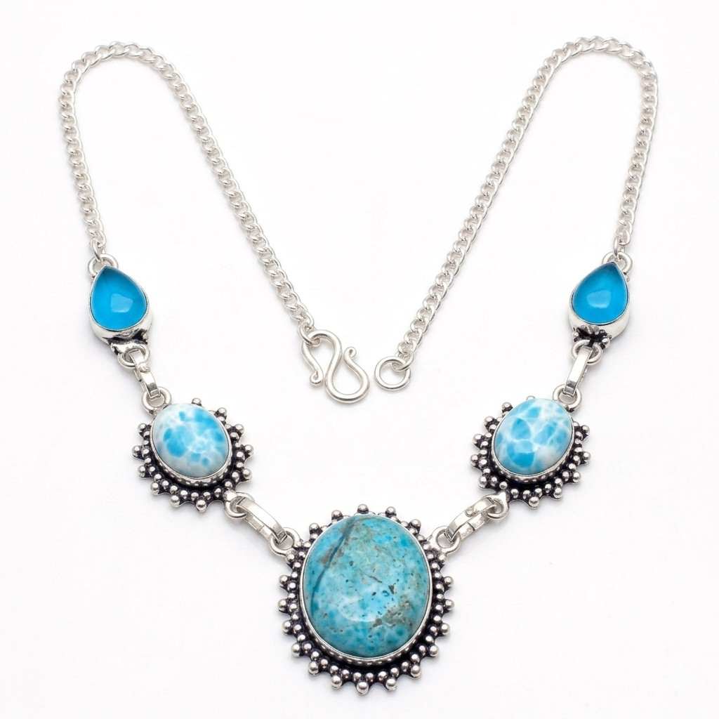 Natural Turquoise, Larimar Necklace 925 Sterling Silver Women Gift Jewelry S-18