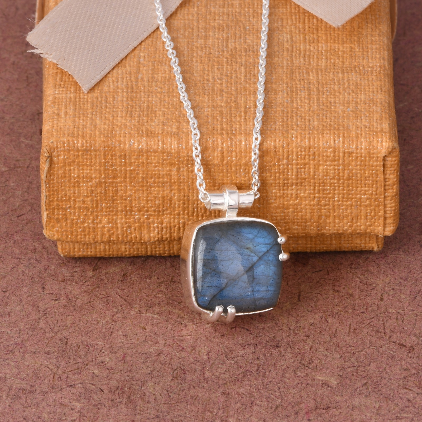 Sterling Silver Square Labradorite Necklace Birthday Gift For Her Boho Jewelry