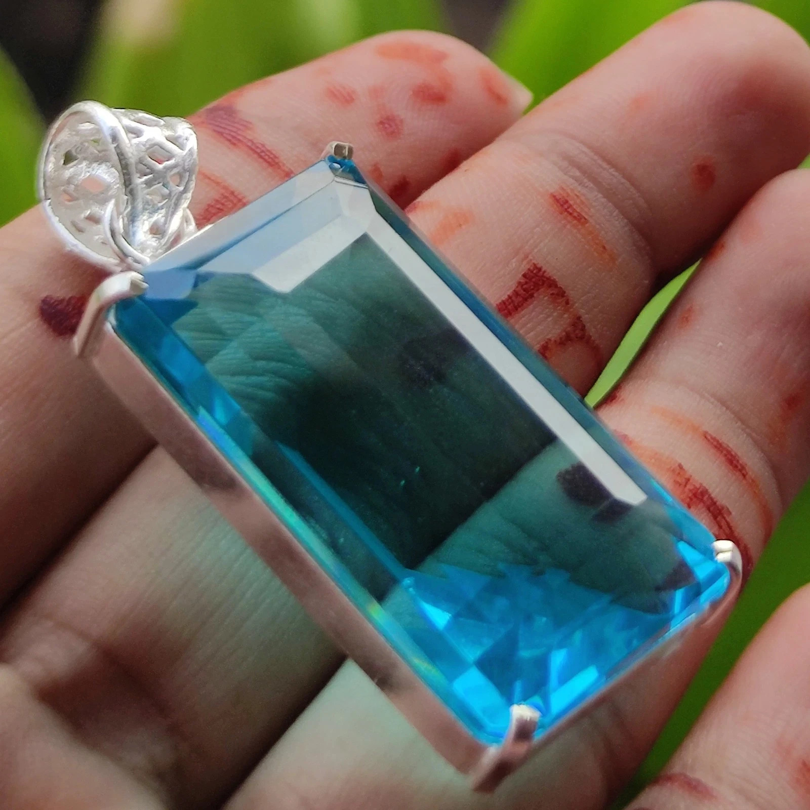 Share Natural 72 Ct Emerald Shape Blue Topaz Pendant 925 Sterling Silver