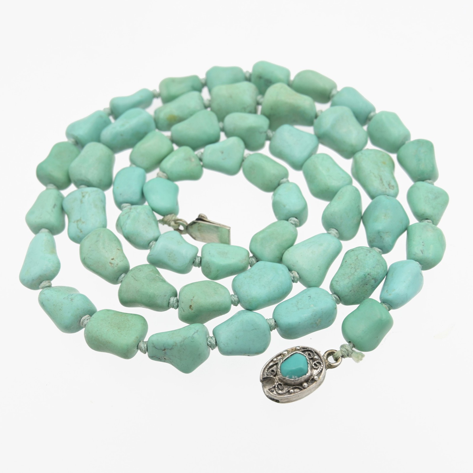 Old Vintage Chinese Export ‘Knucklebone’ Turquoise Necklace w/ Silver Clasp