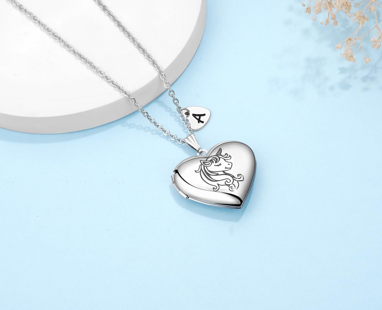 Unicorns Gifts for Her Love Heart Initial Letter Locket Necklace that Holds Pict