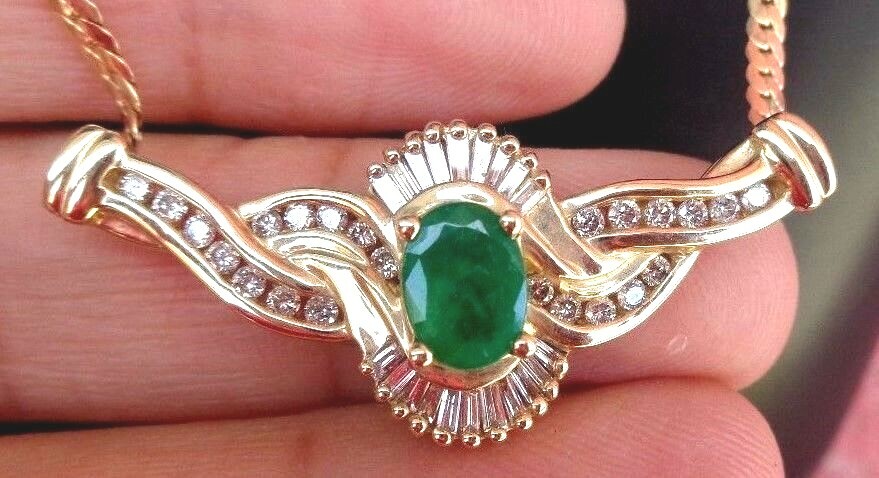ADL 14k gold channel set and baguette diamond Emerald bib necklace LKNEW $3600