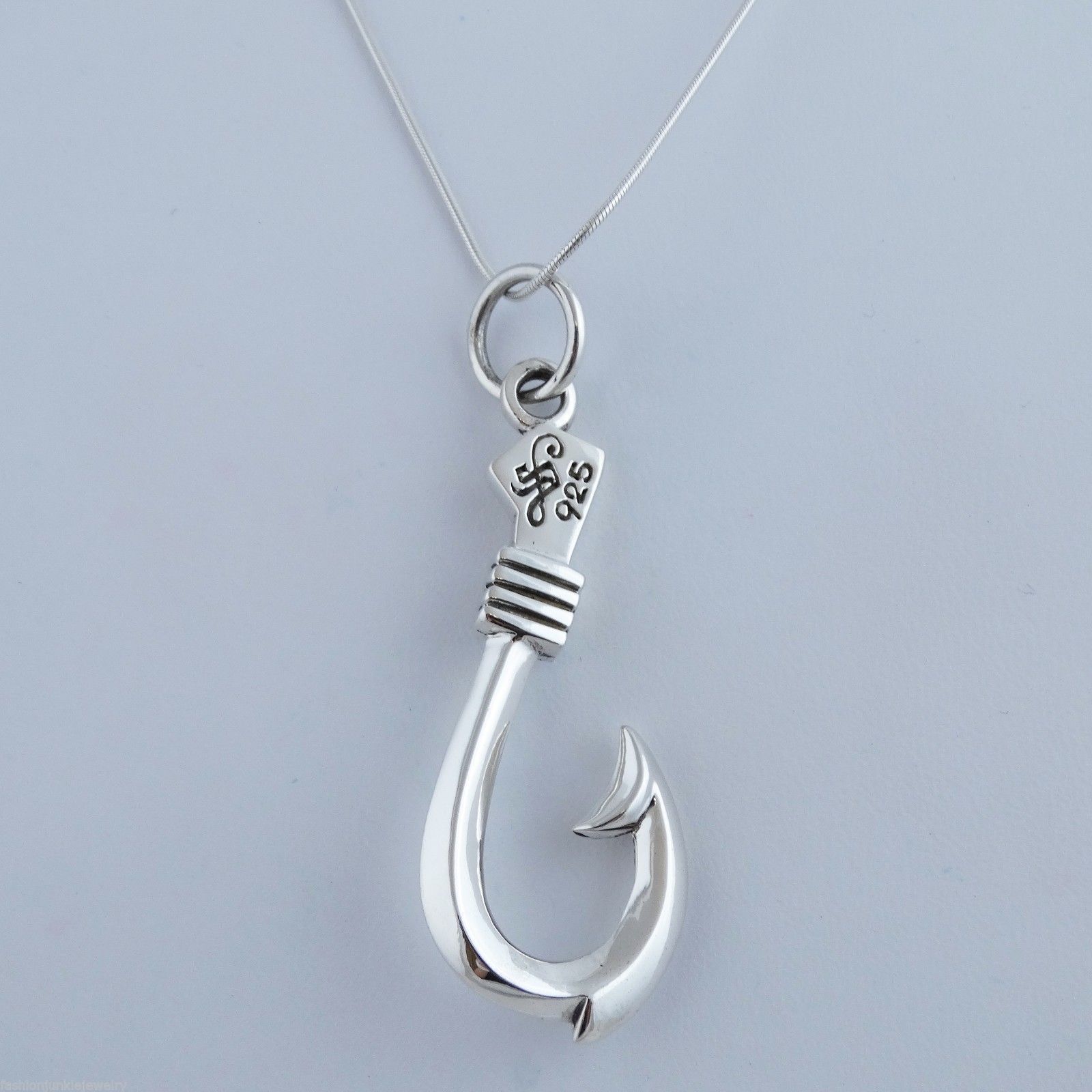 Large Fish Hook Necklace -925 Sterling Silver-Fishing Fishermen Pendant Catch SN