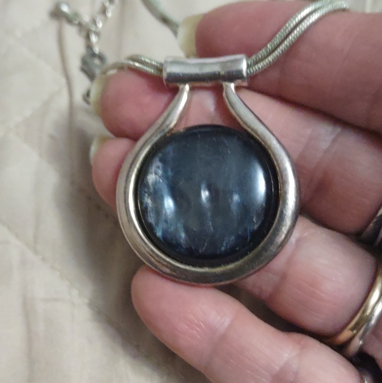 Silver 925 Adjustable Snake Chain Necklace Round Blue Bezel Pendant