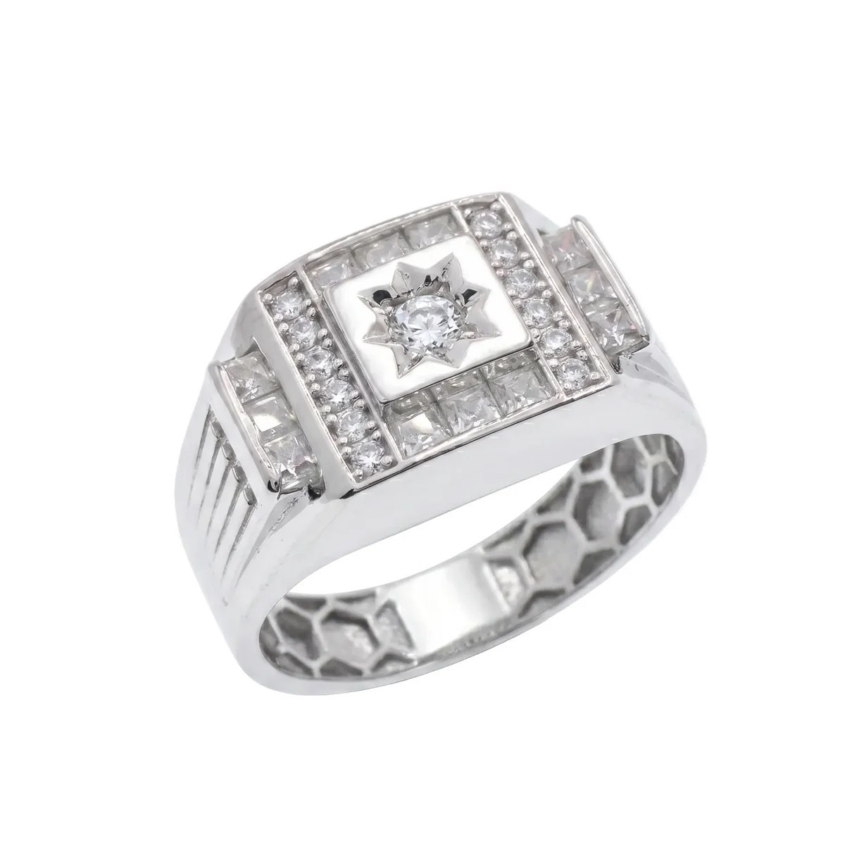 Rhodium Plated Sterling Silver Moissanite Men’s Statement Radiant Signet Ring