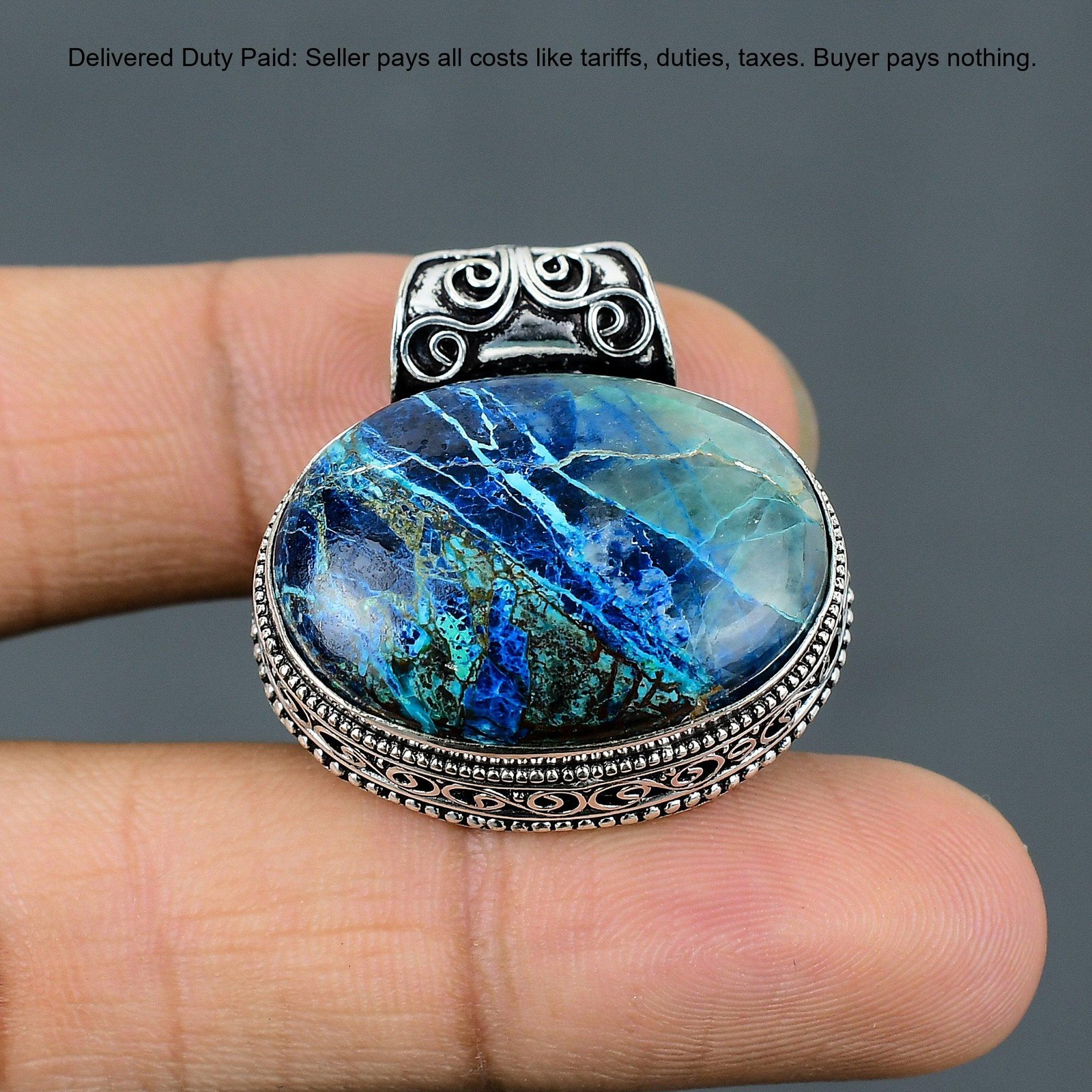 925 Sterling Silver Azurite Malachite Gemstone Unique Vintage Engagement Pendant