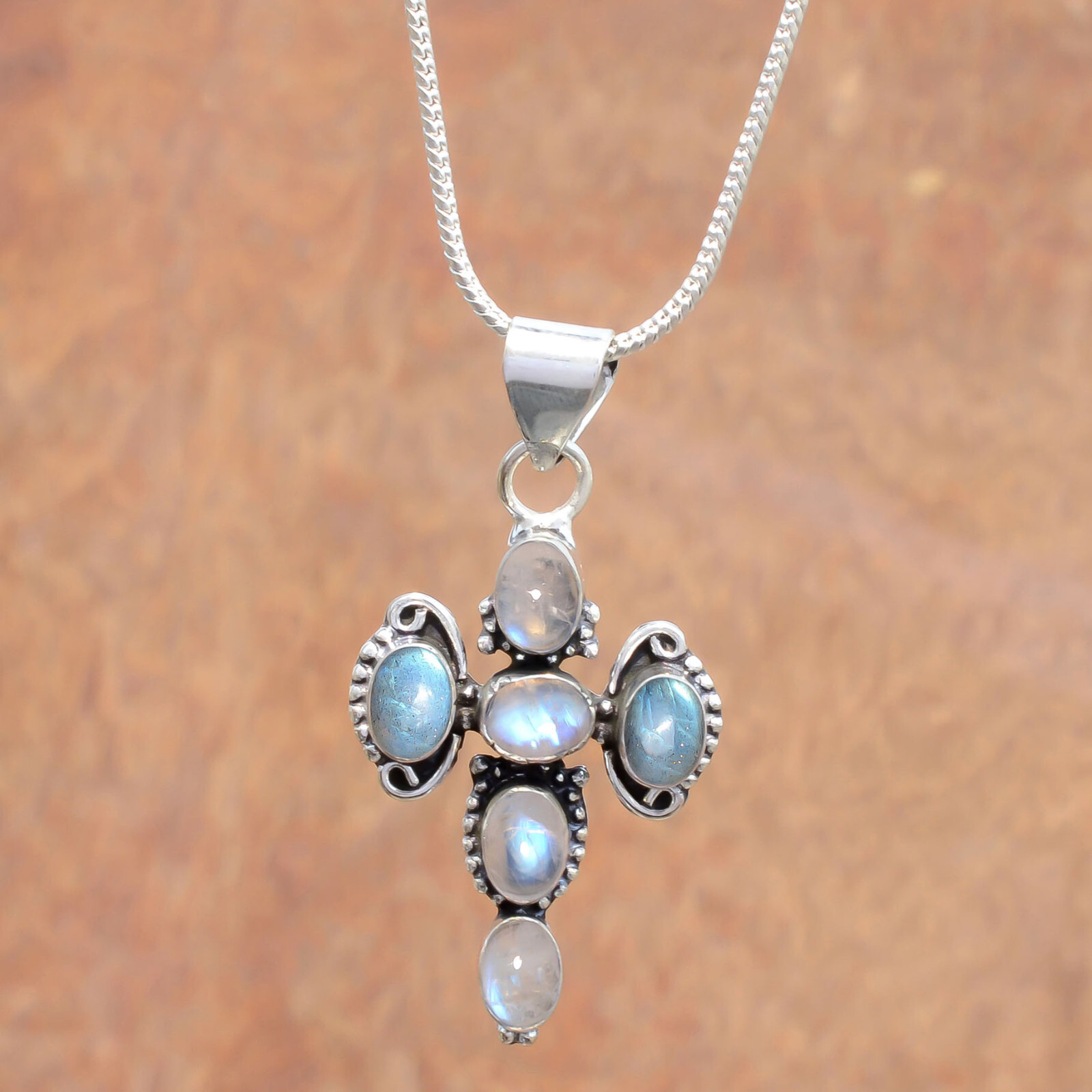 Labradorite & Moonstone Gemstone 925 Sterling Silver Cross Beauty Art Pendant