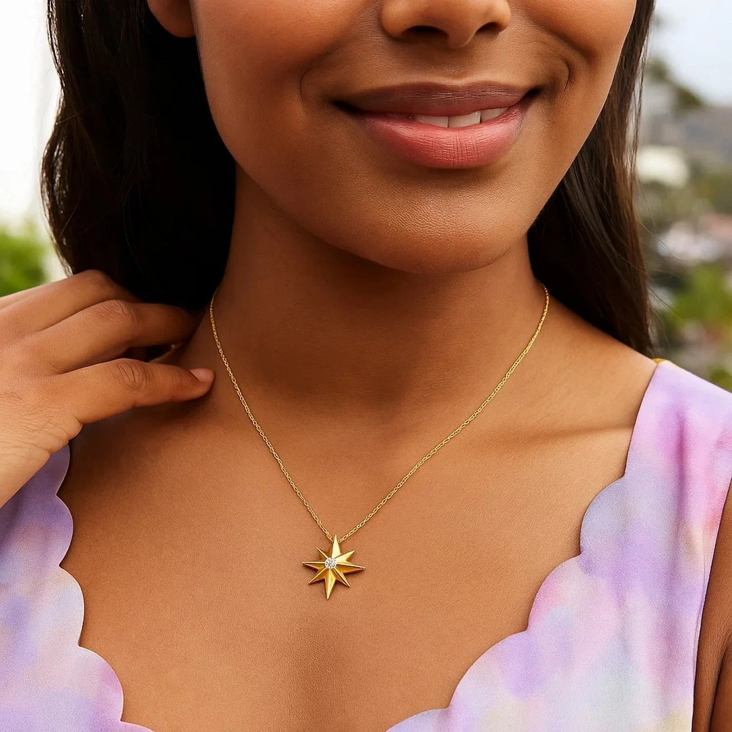 Dainty North Star 0.2ct Diamond Pendant Necklace Real 14K Yellow Gold