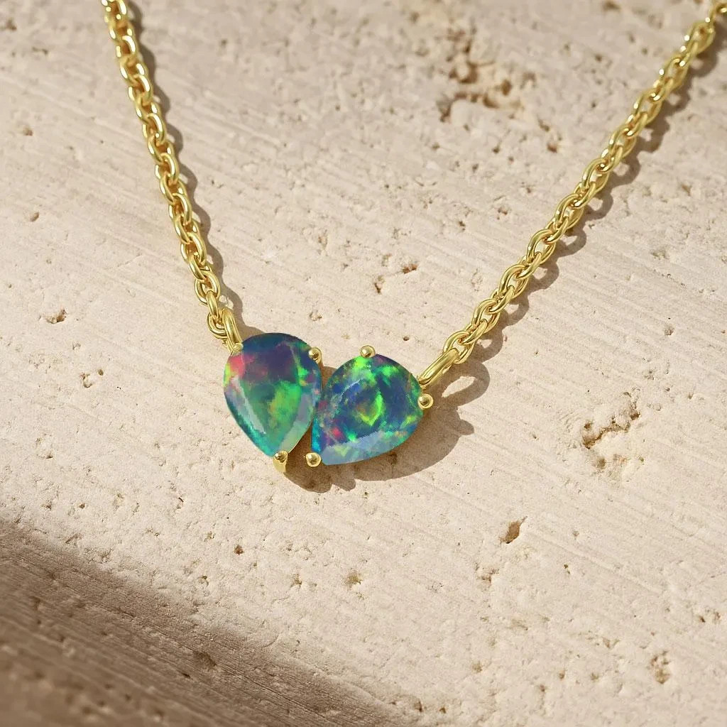 AAA Black Opal Dual Pear Gemstone Pendant, Natural Opal Chain Pendant Necklace