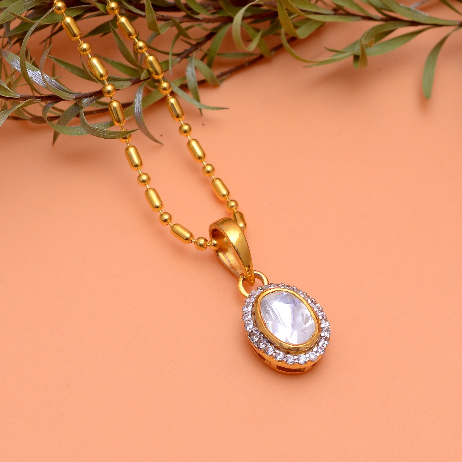 Oval Polki Diamond Pendant Gold Plated 925 Sterling Silver Halo Necklace for Her