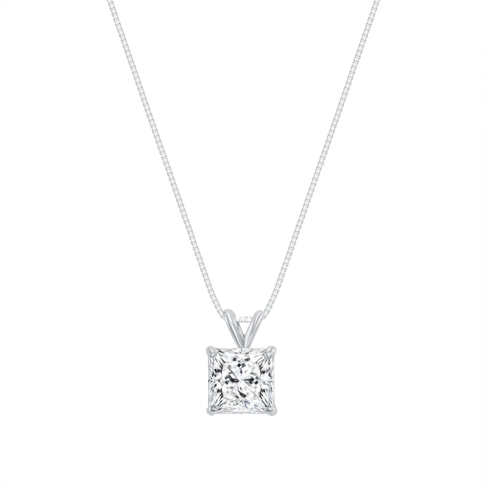 1 Ct Princess Lab Created Grown Diamond Solid 14K White Gold Pendant Necklace