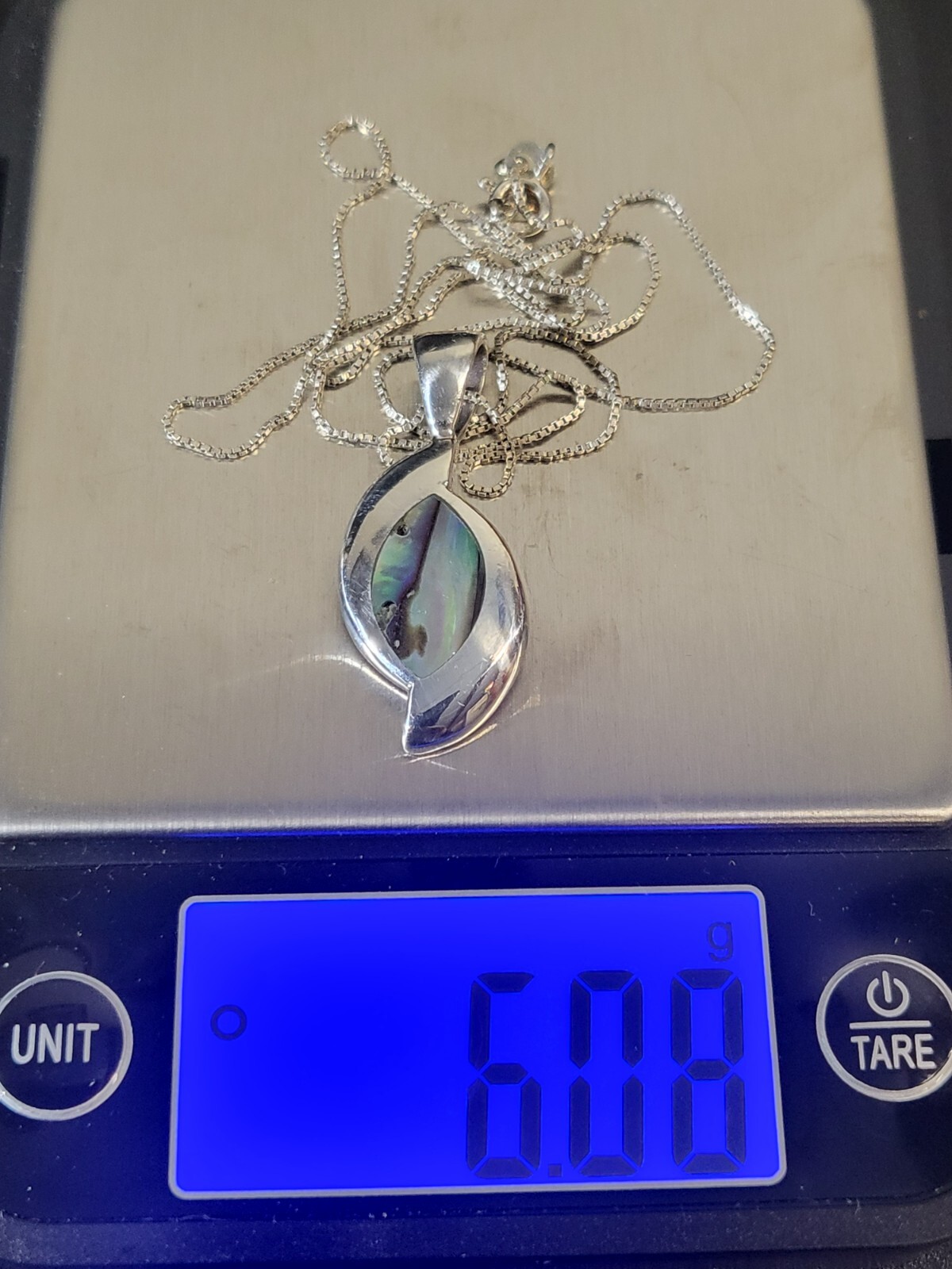 Abalone Asymmetrical VTG Pendant On Nice Italian Sterling Silver 18′ Box Chain