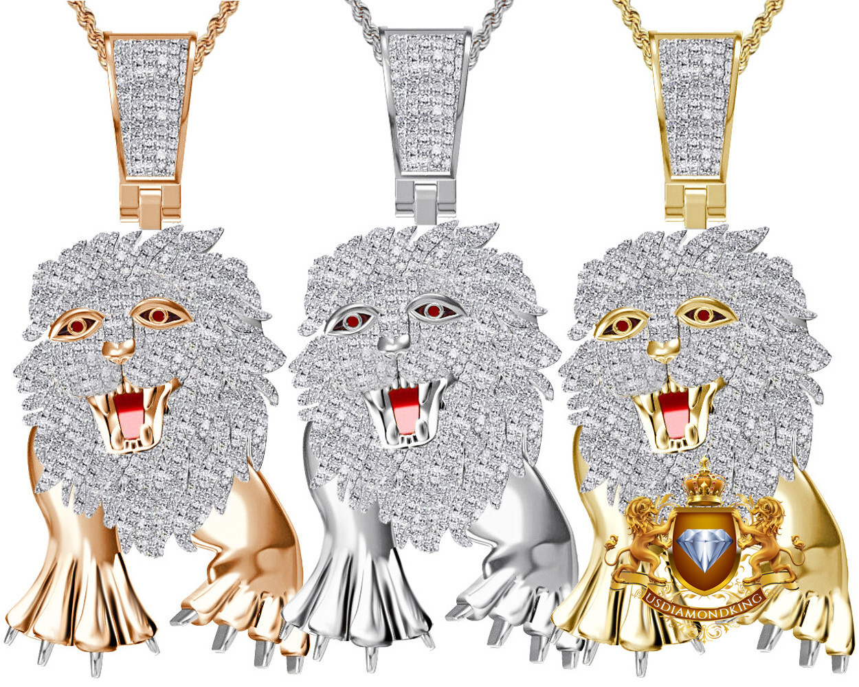 Men’s Real Genuine Diamond Walking Lion King Body Charm Pendant Chain Set 2.25”