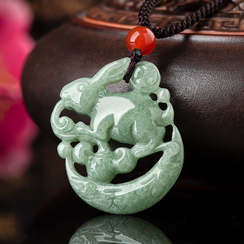 Natural Jadeite A Grade Jade Pendant Green Jadeite Lucky Zodiac Moon Rabbit
