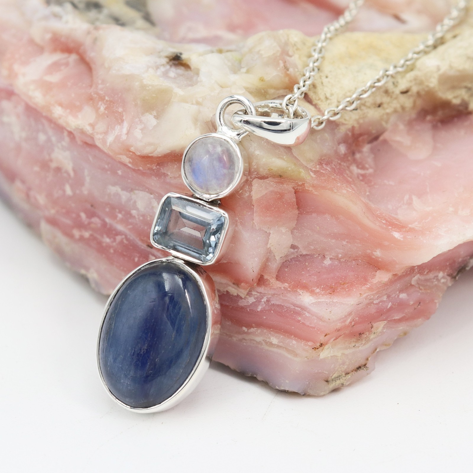 925 Sterling Silver Kyanite Moonstone Blue Topaz Multi Gemstone Necklace