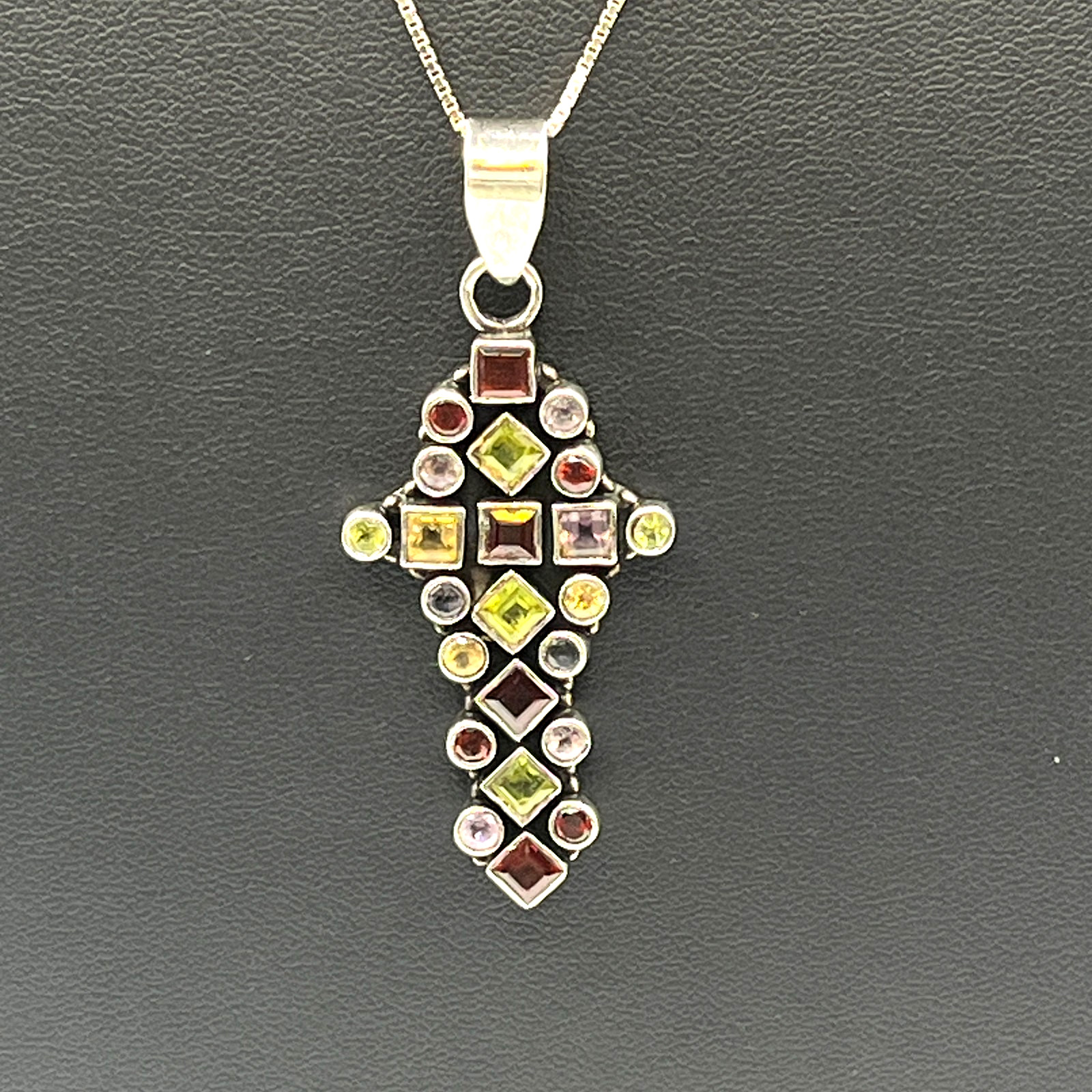 Cross Pendant Necklace Multi Gemstone Peridot Garnet Citrine VTG Sterling 925
