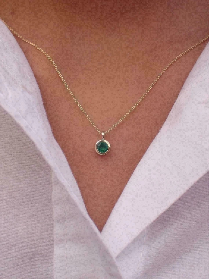 Round Cut Lab-Created Solitaire Emerald Pendant Necklace 14k Yellow Gold Plated
