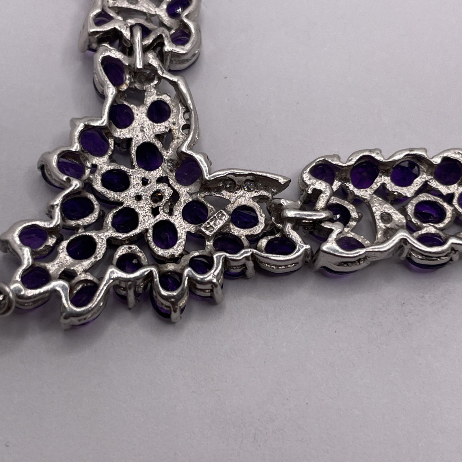 Amethyst & White Stone Set Elegant Sterling Statement Necklace 17.5in (15.65g)