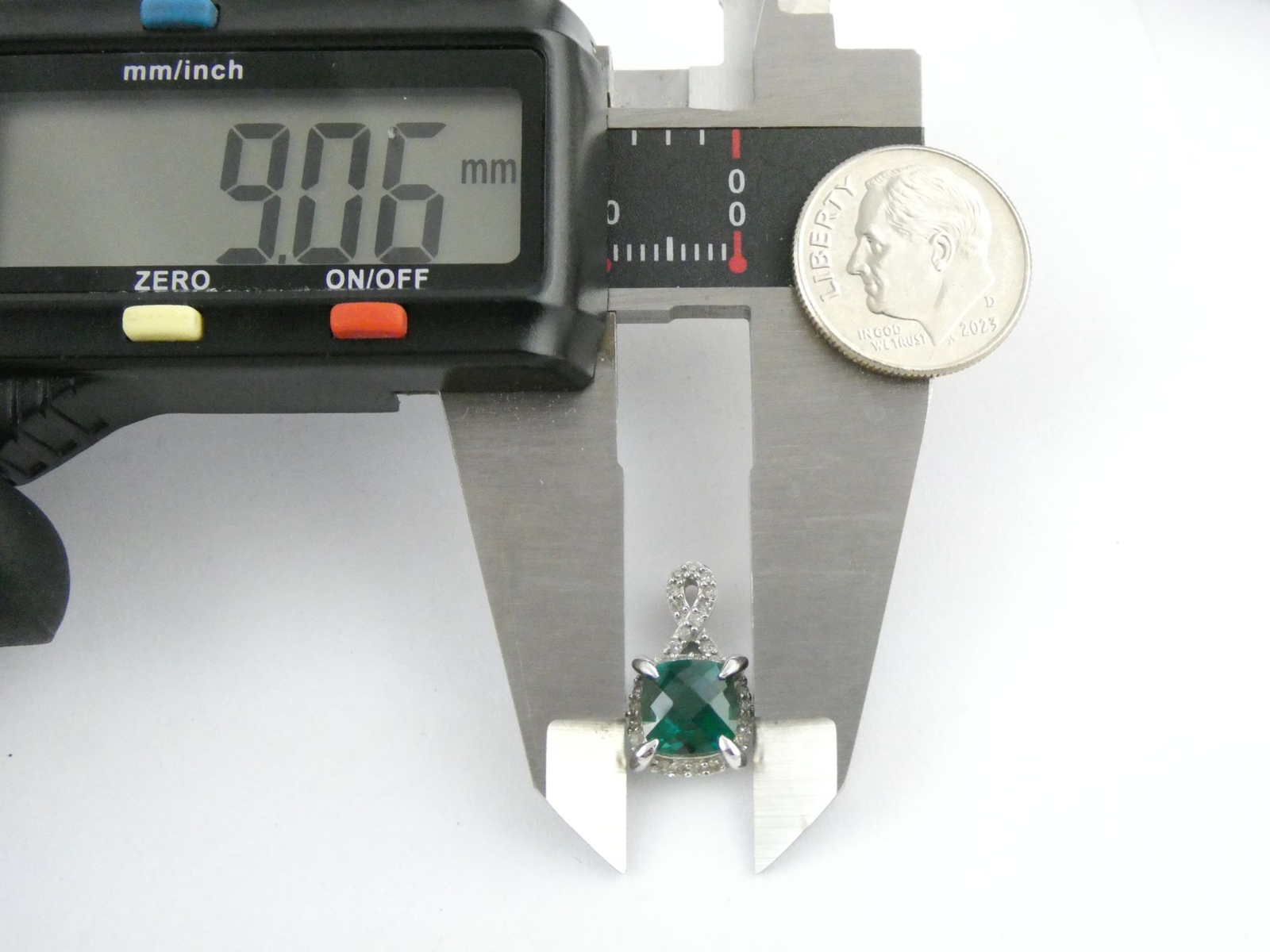 SR Designer Sterling Silver Lab Created Emerald and Diamond Pendant 1.4g 5/8 In