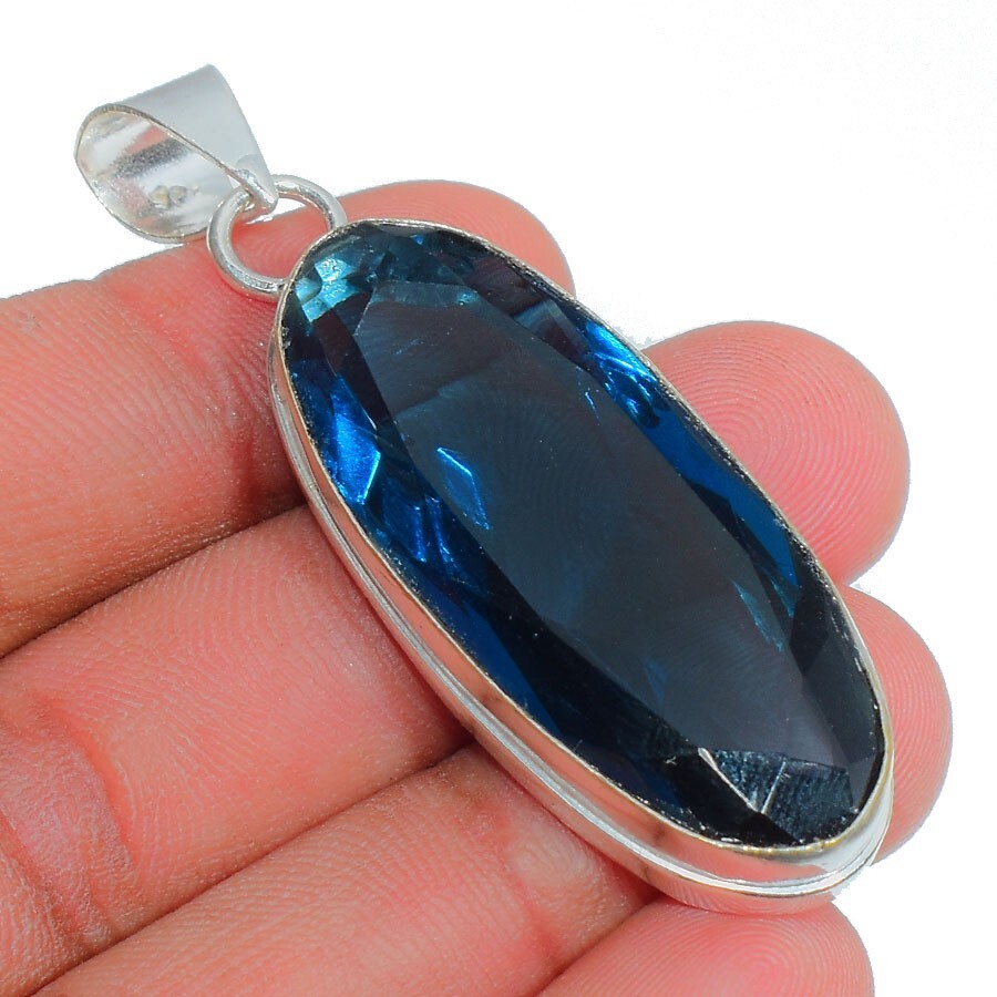 London Blue Topaz Gemstone Handmade 925 Sterling Silver Jewelry Oval Cut Pendant