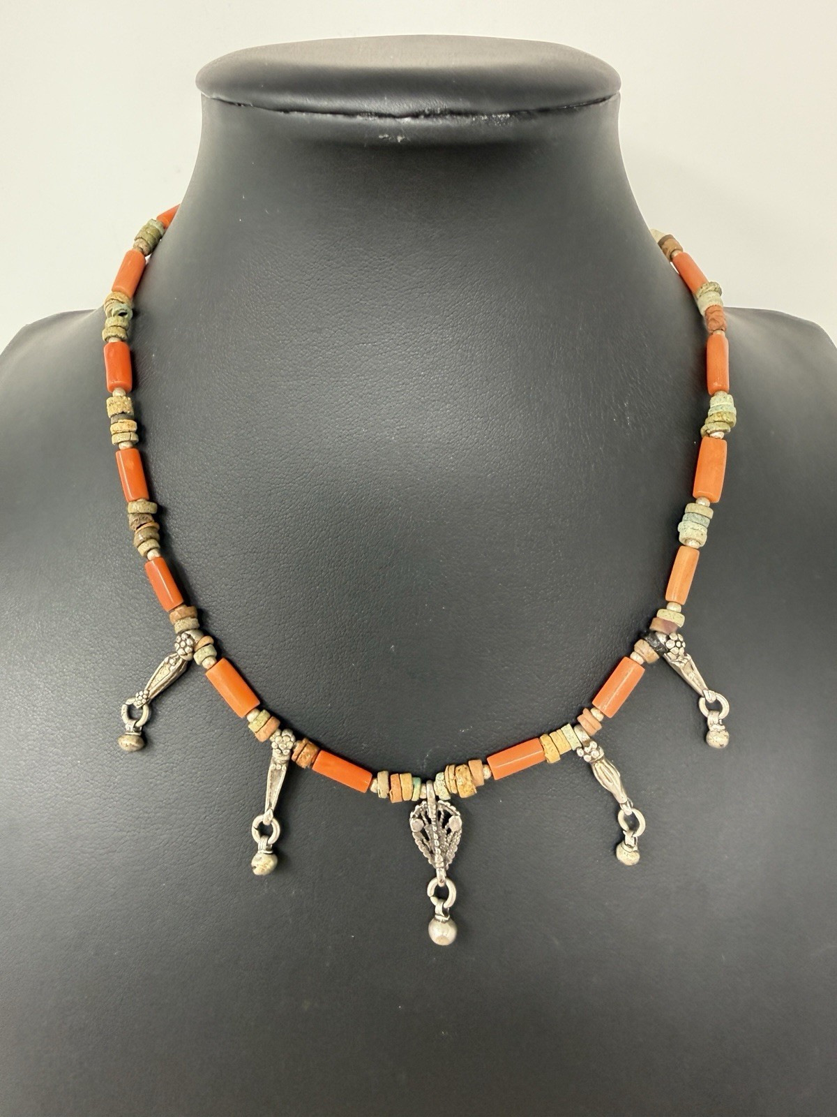 Vintage Signed Ethnic Yemen Sterling Silver Coral Drop Necklace